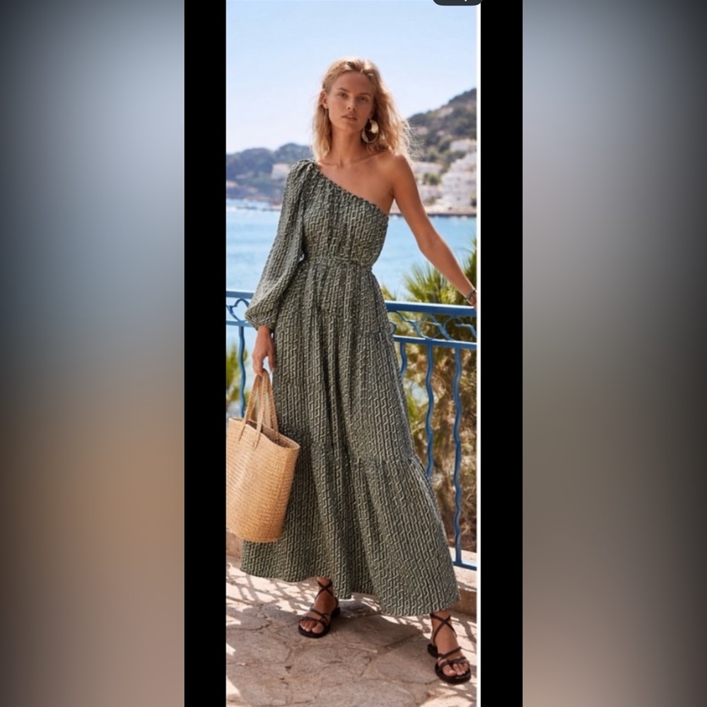 NWT Shona Joy Ida Linen One Shoulder Tiered Maxi SunDress Green/White/Brown Sz 4